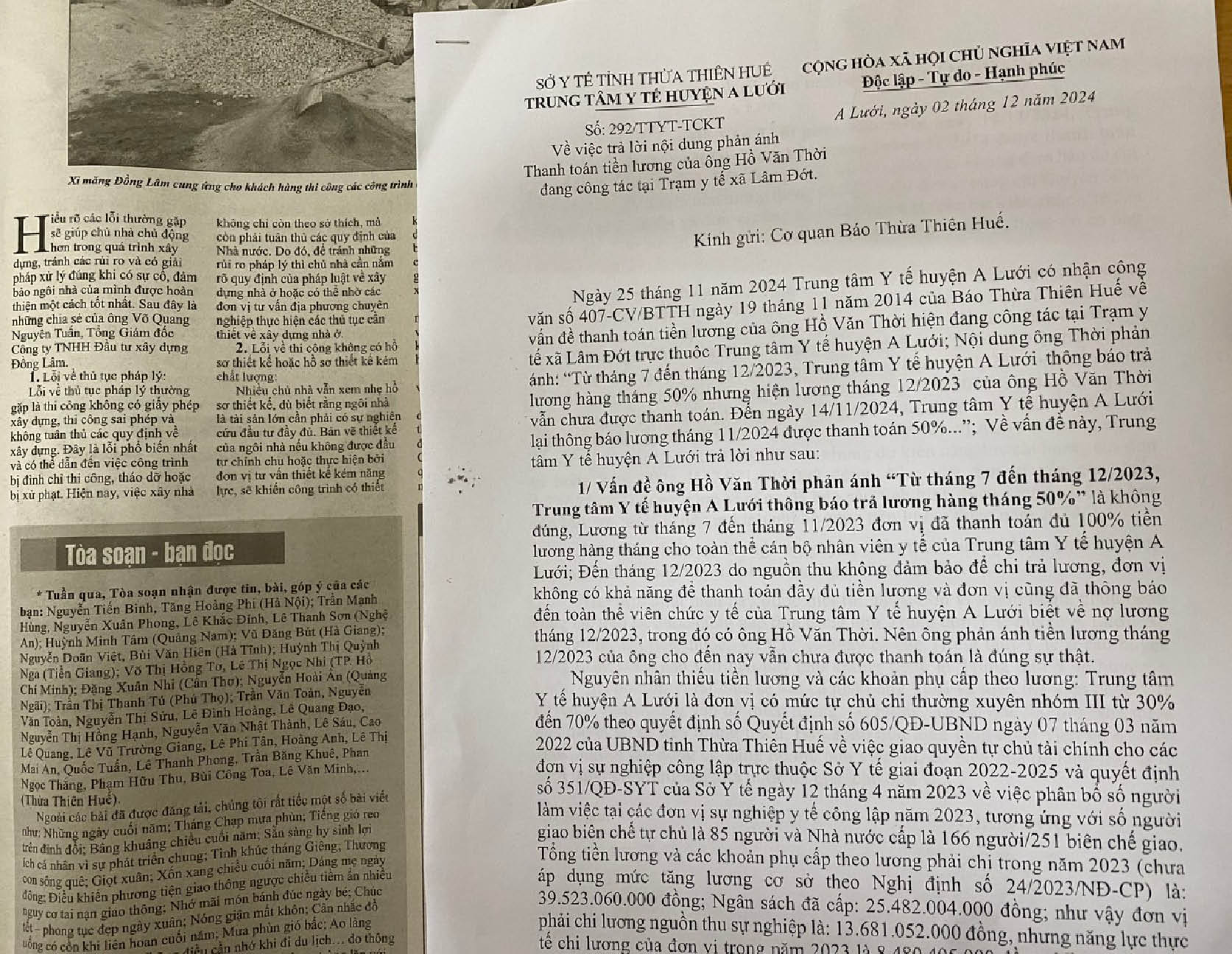 Trung tâm Y tế huyện A Lưới Nguyên nhân thiếu lương được công khai thường xuyên