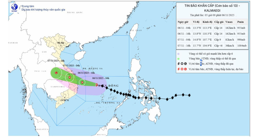 Bão số 13 đang mạnh cấp 14, di chuyển nhanh, hướng trực tiếp vào Quy Nhơn Gia Lai