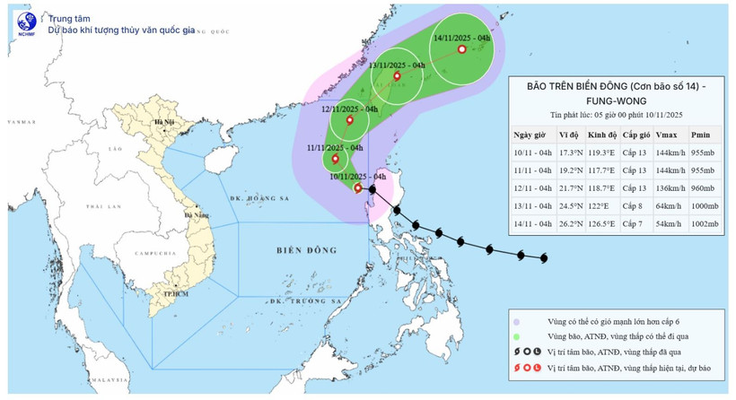 Bão Fung-Wong đã đi vào Biển Đông và trở thành cơn bão số 14 trong năm nay