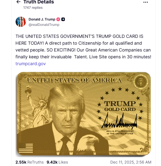 Thông báo mới nhất của Tổng thống Trump về thị thực thẻ vàng