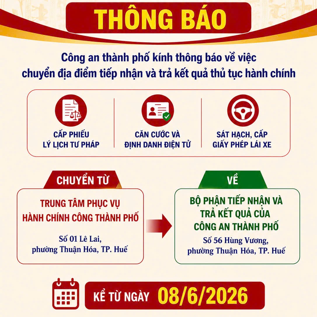 Công an TP Huế chuyển địa điểm tiếp nhận, giải quyết một số thủ tục hành chính