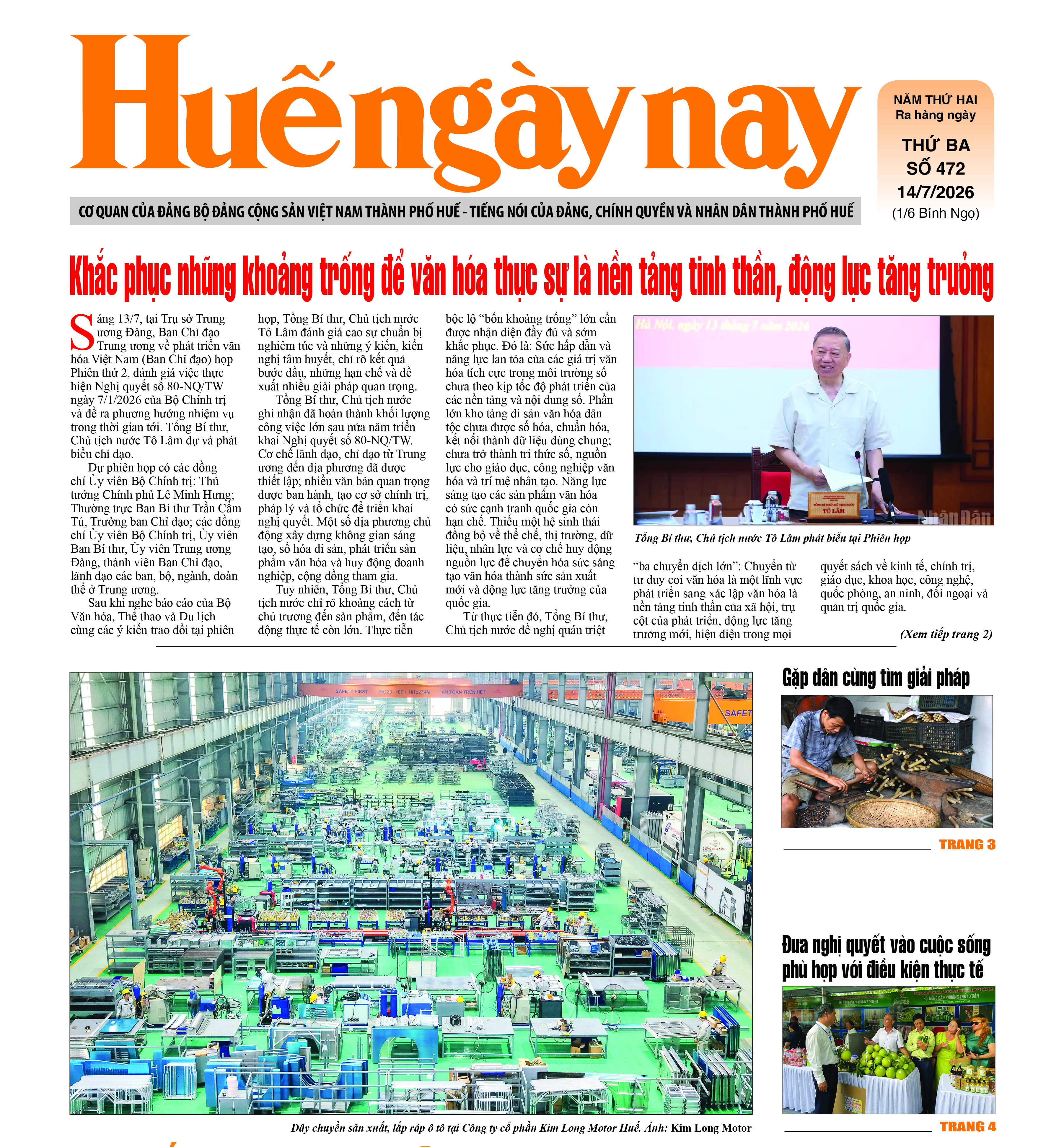 Nhiều thông tin thời sự nổi bật trên Huế ngày nay phát hành thứ Ba, ngày 14 7