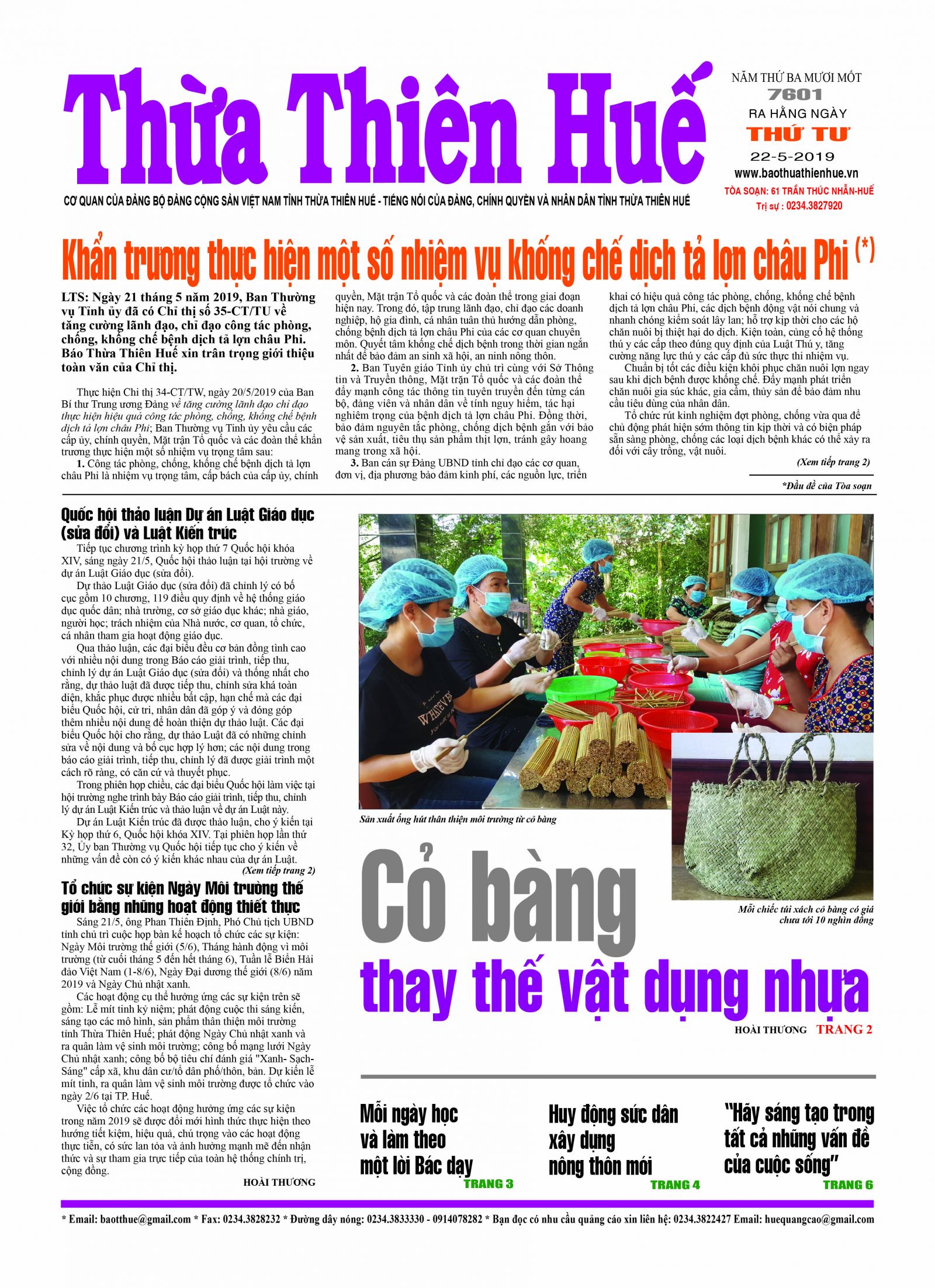 Trang nhất Báo Thừa Thiên huế ngày 22/5