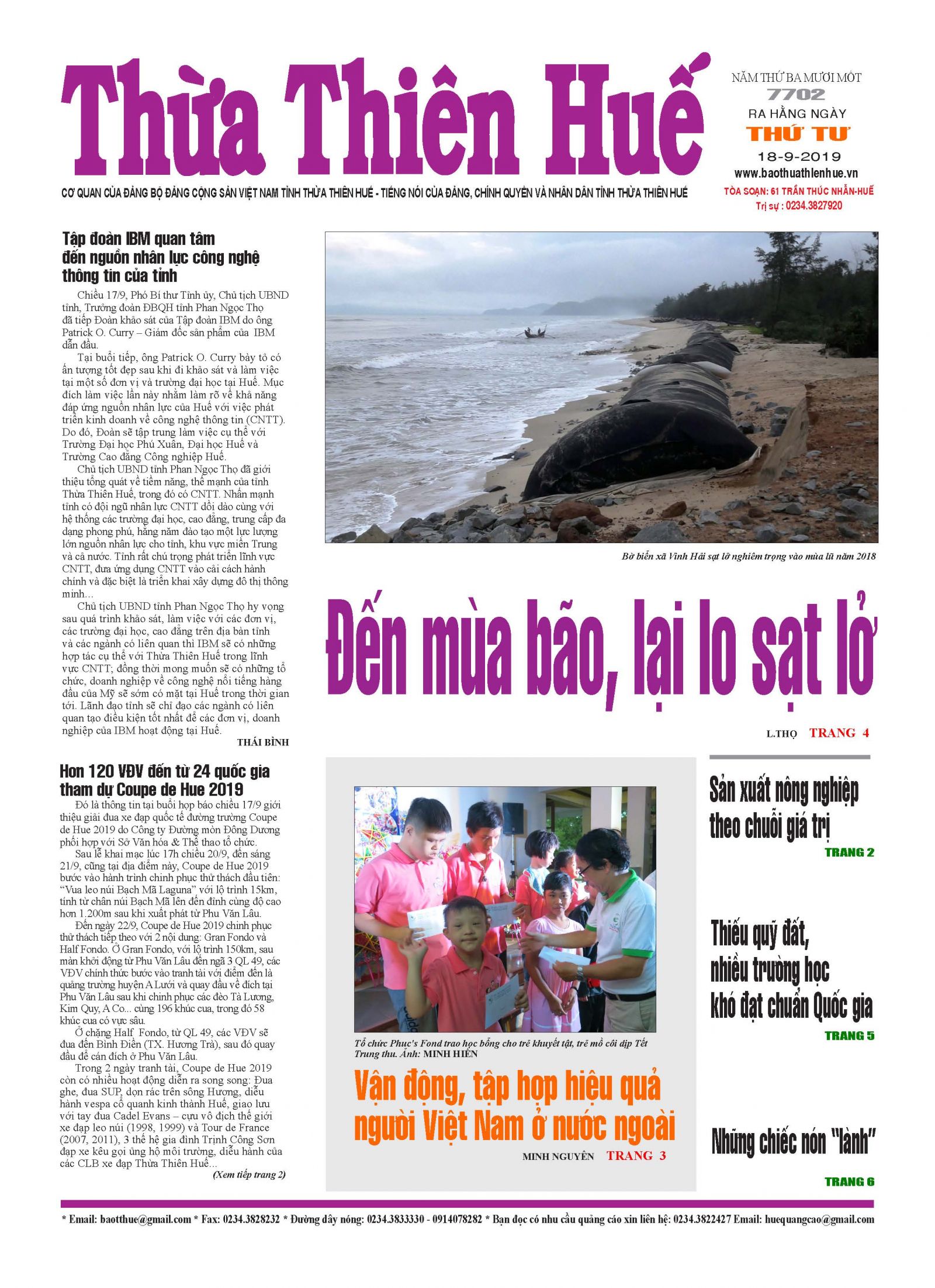 Trang nhất Báo Thừa Thiên Huế ngày 18/9