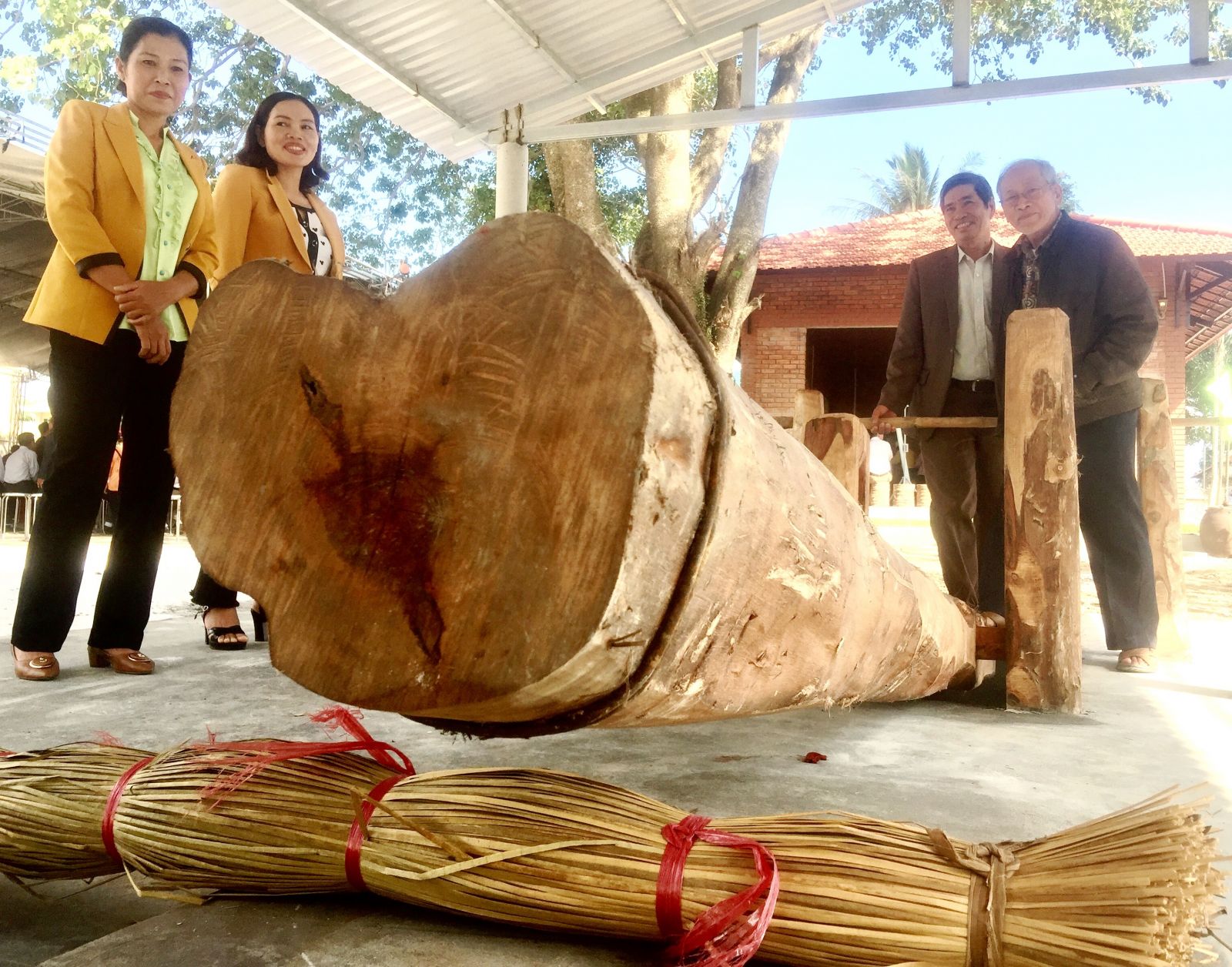 After harvesting, local people dry the grass under the sun and then crush them by a big tree trunk