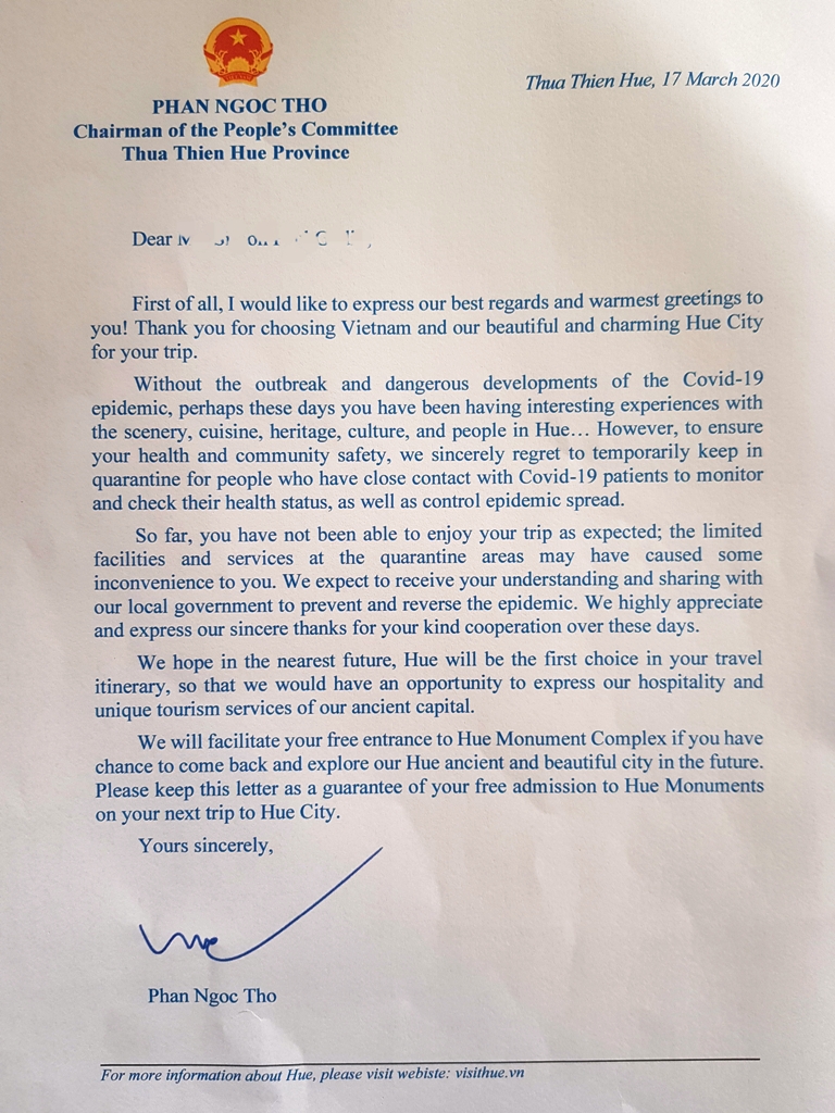 The letter from Chairman of the Provincial People's Committee Phan Ngoc Tho