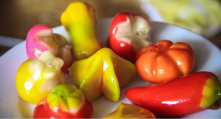 Fruit-shaped mung bean cakes on Tet holiday