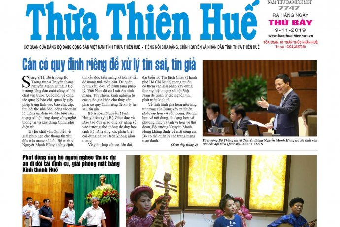 Thông tin nổi bật trên Báo Thừa Thiên Huế số 7747, phát hành ngày 9/11