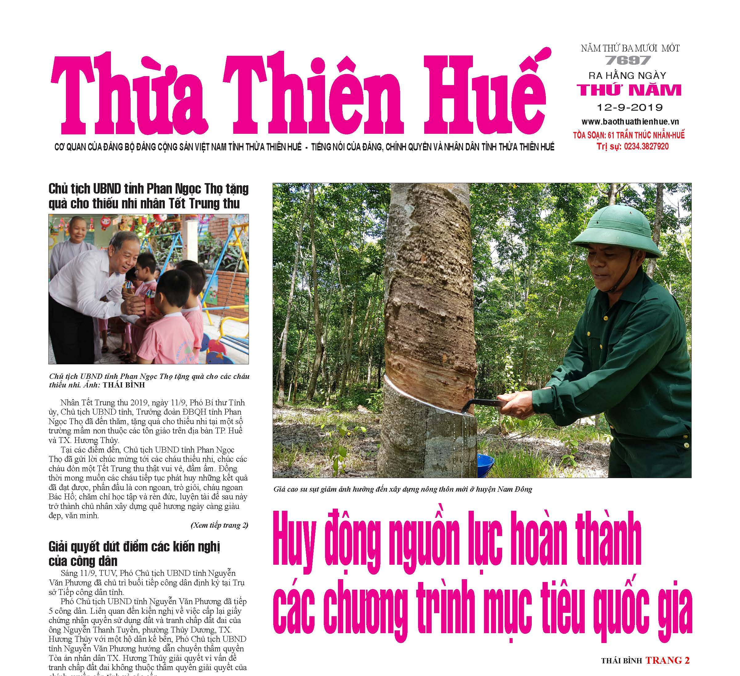 Thông tin đáng đọc trên Báo Thừa Thiên Huế phát hành ngày 12 9 2019