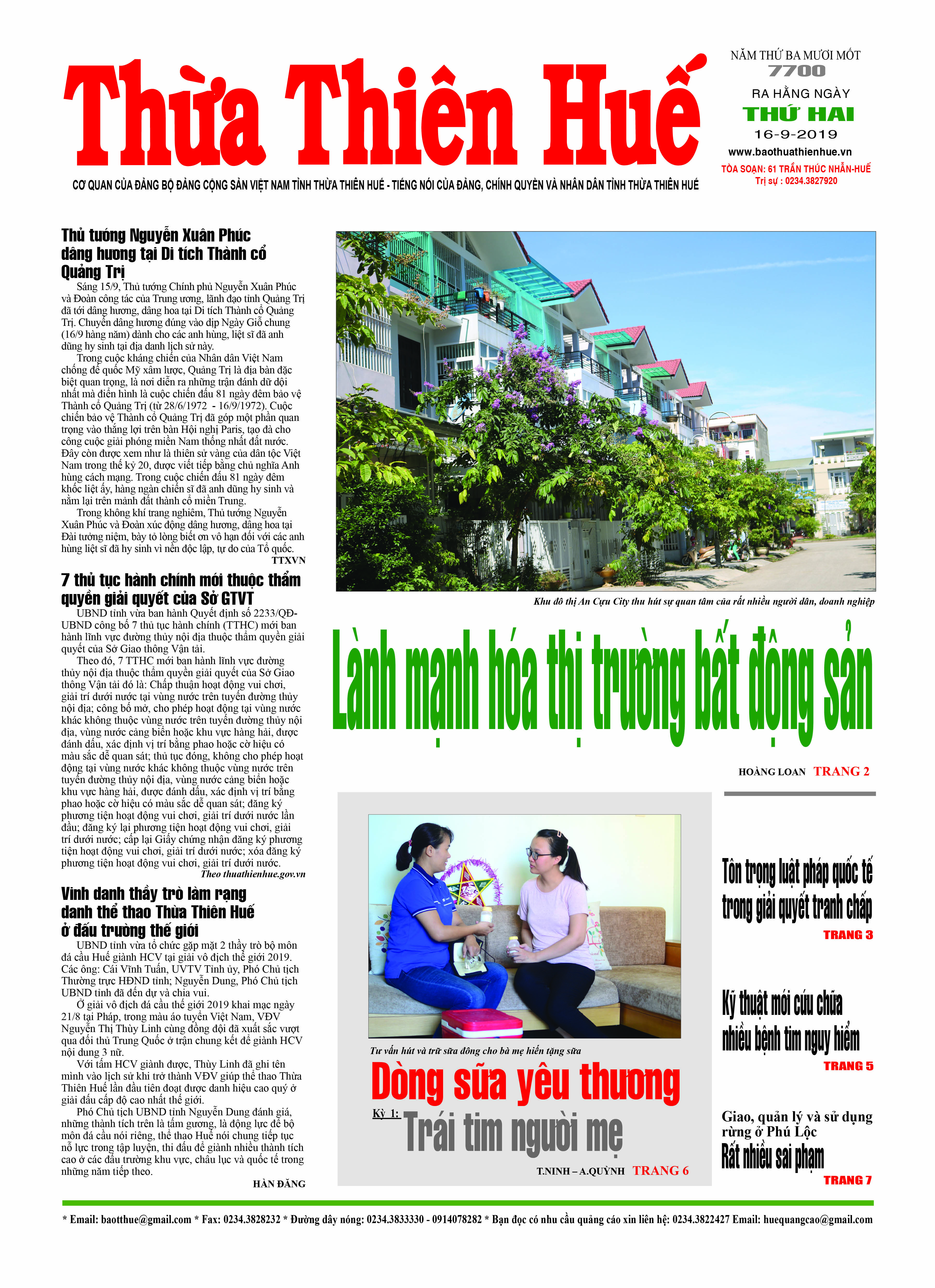Báo Thừa Thiên Huế ra ngày thứ hai 16 9 có nhiều bài viết thời sự