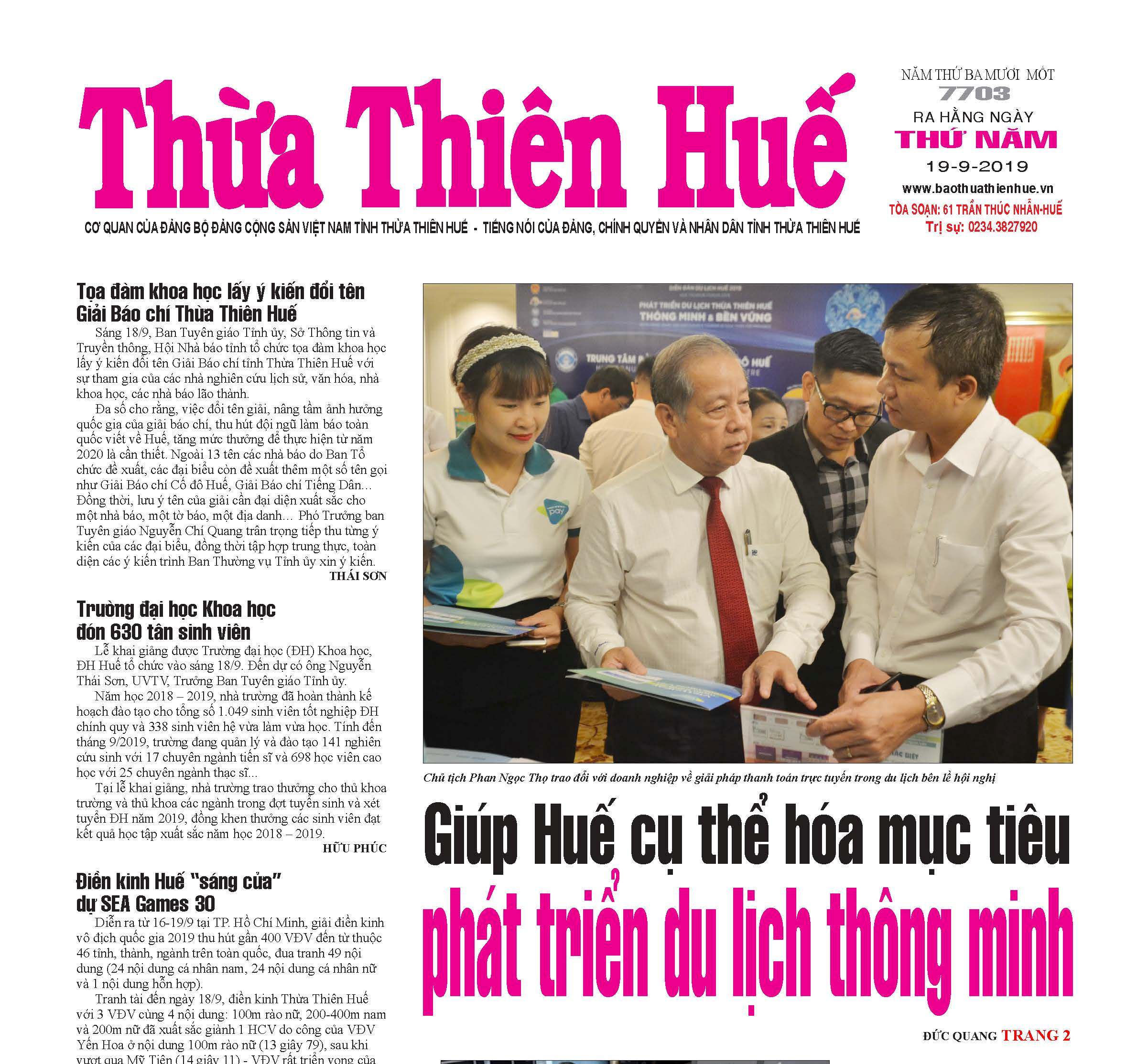 Đón đọc Báo Thừa Thiên Huế phát hành ngày 19 9 2019