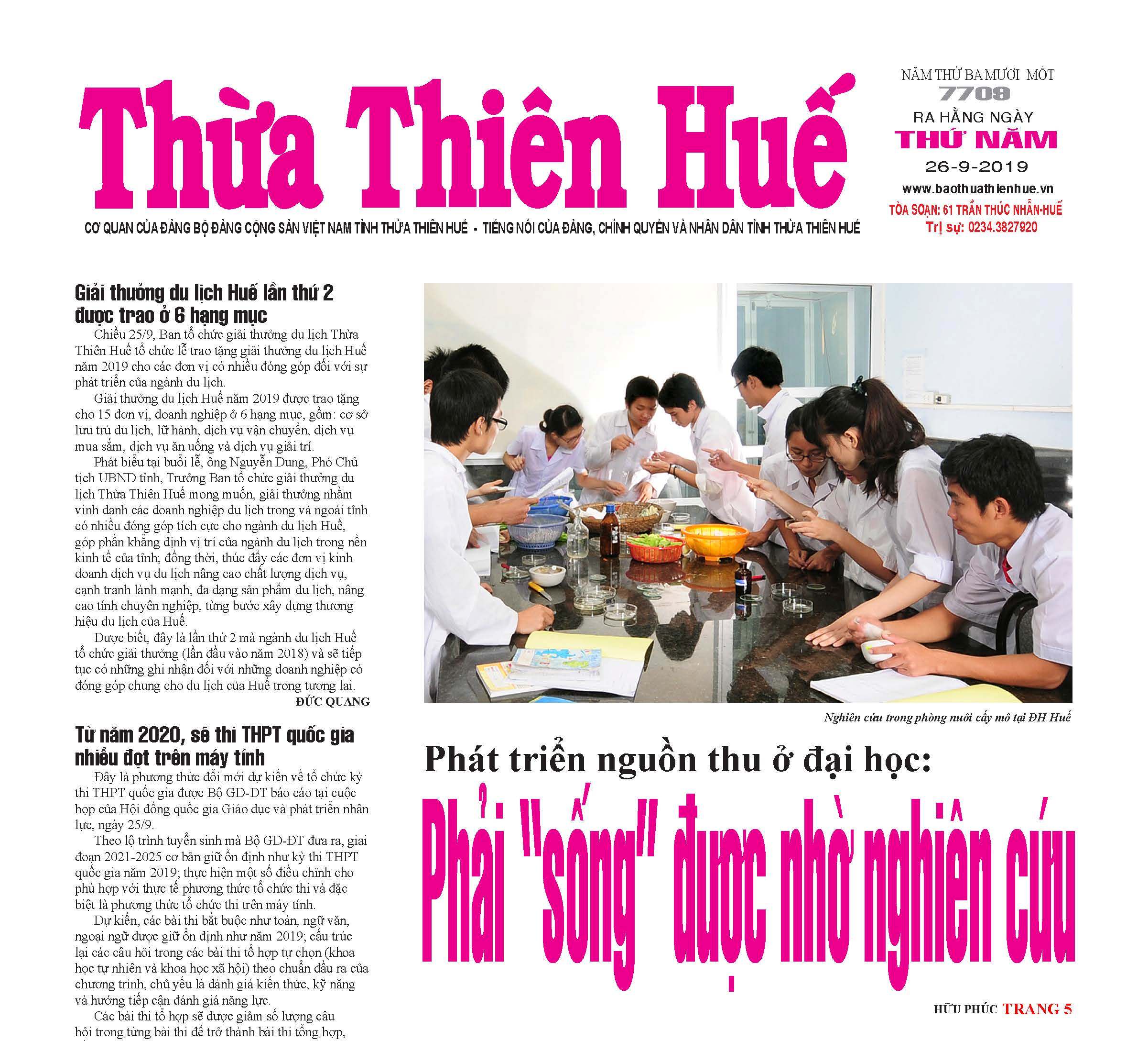 Đón đọc Báo Thừa Thiên Huế số 7709 ra thứ năm ngày 26 9