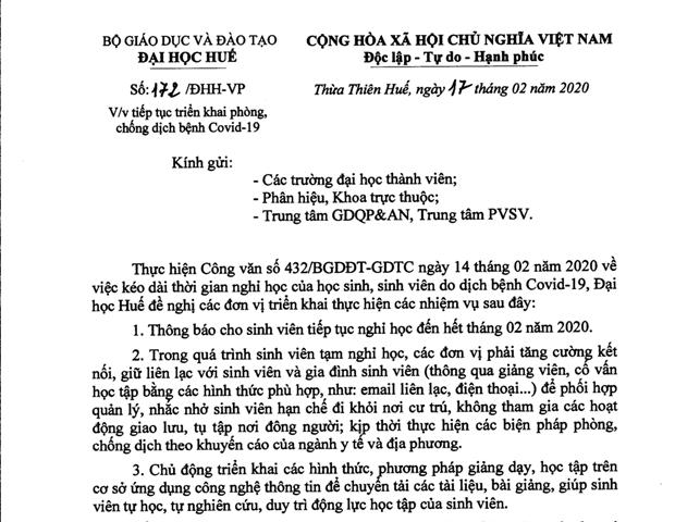 Đại học Huế cho sinh viên nghỉ học đến hết tháng 2