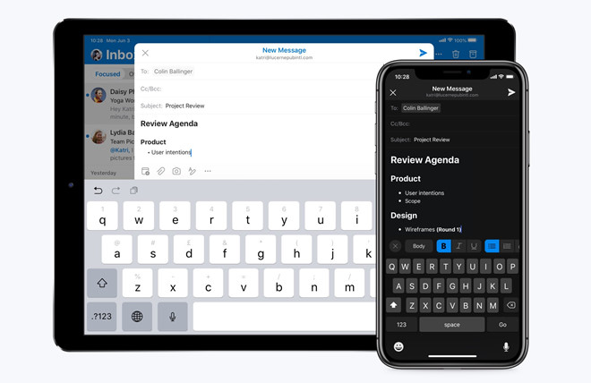 Outlook trên iOS cho phép định dạng văn bản email