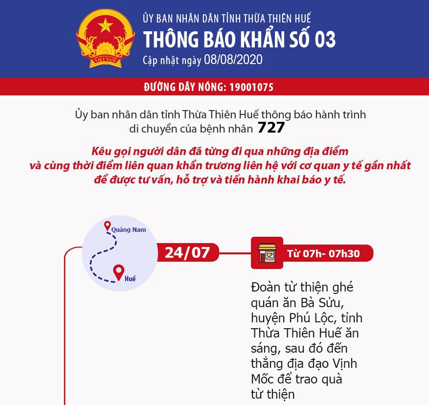 Thông báo khẩn tìm người liên quan đến bệnh nhân 727