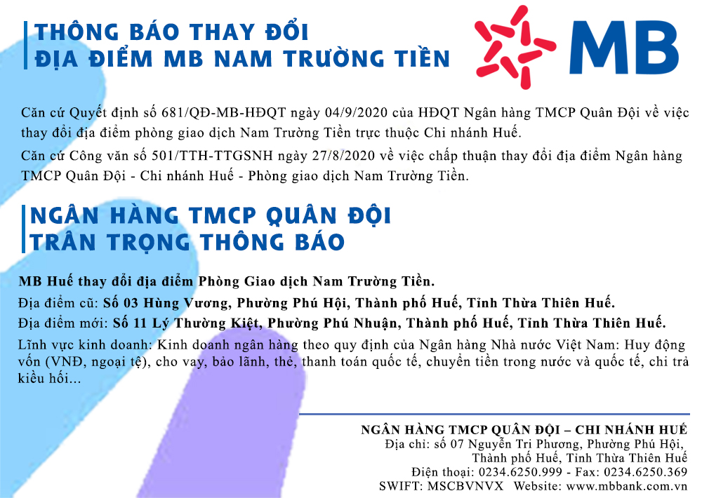 Ngân hàng TMCP Quân đội thay đổi địa điểm phòng giao dịch Nam Trường Tiền Chi nhánh Huế