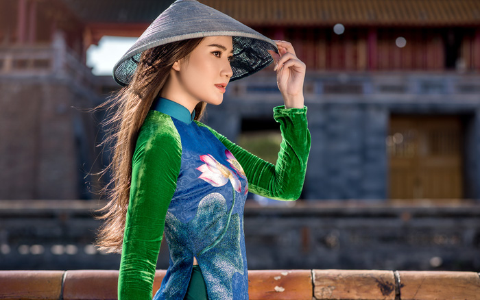 Elegant, exquisite ao dai with lotus pattern by the side of Hue Imperial Citadel