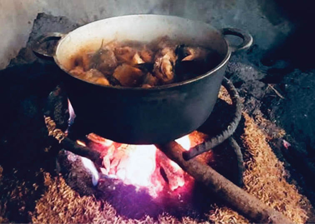 Consuming lots of rice with braised fish incubated in husks