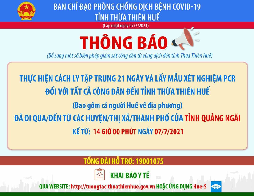 Thừa Thiên Huế cách ly 21 ngày với người về đến từ Quảng Ngãi