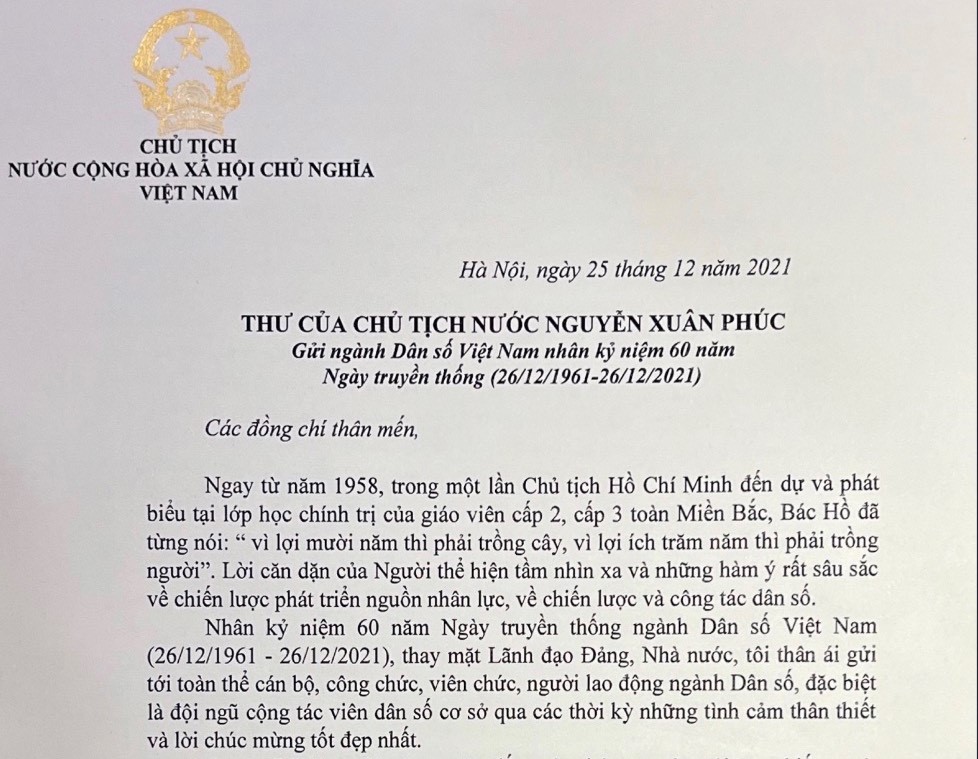 Chủ tịch Nước Nguyễn Xuân Phúc gửi thư động viên cán bộ, công chức, viên chức ngành Dân số