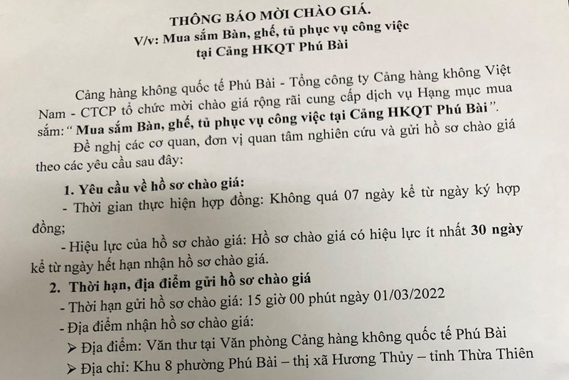 Thông báo mời chào giá mua sắm Bàn, ghế, tủ phục vụ công việc tại Cảng HKQT Phú Bài