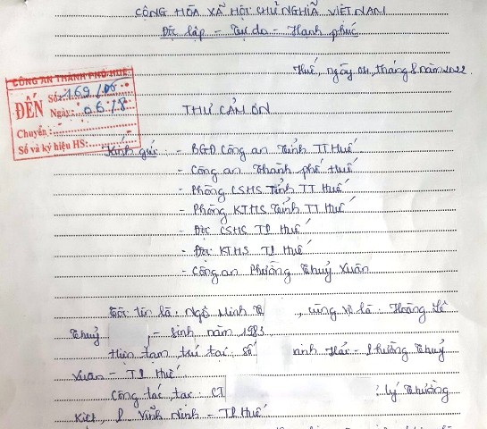 Người dân viết thư cảm ơn công an sớm bắt được đối tượng trộm